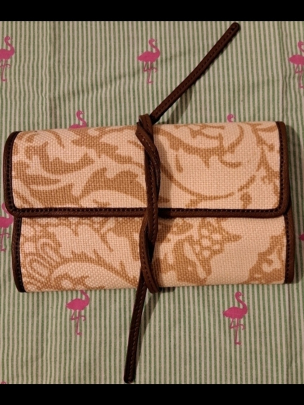 EUC Spartina 449 Beige Leather & Linen Jewelry Travel Vacation Roll Case Pouch - Picture 1 of 8